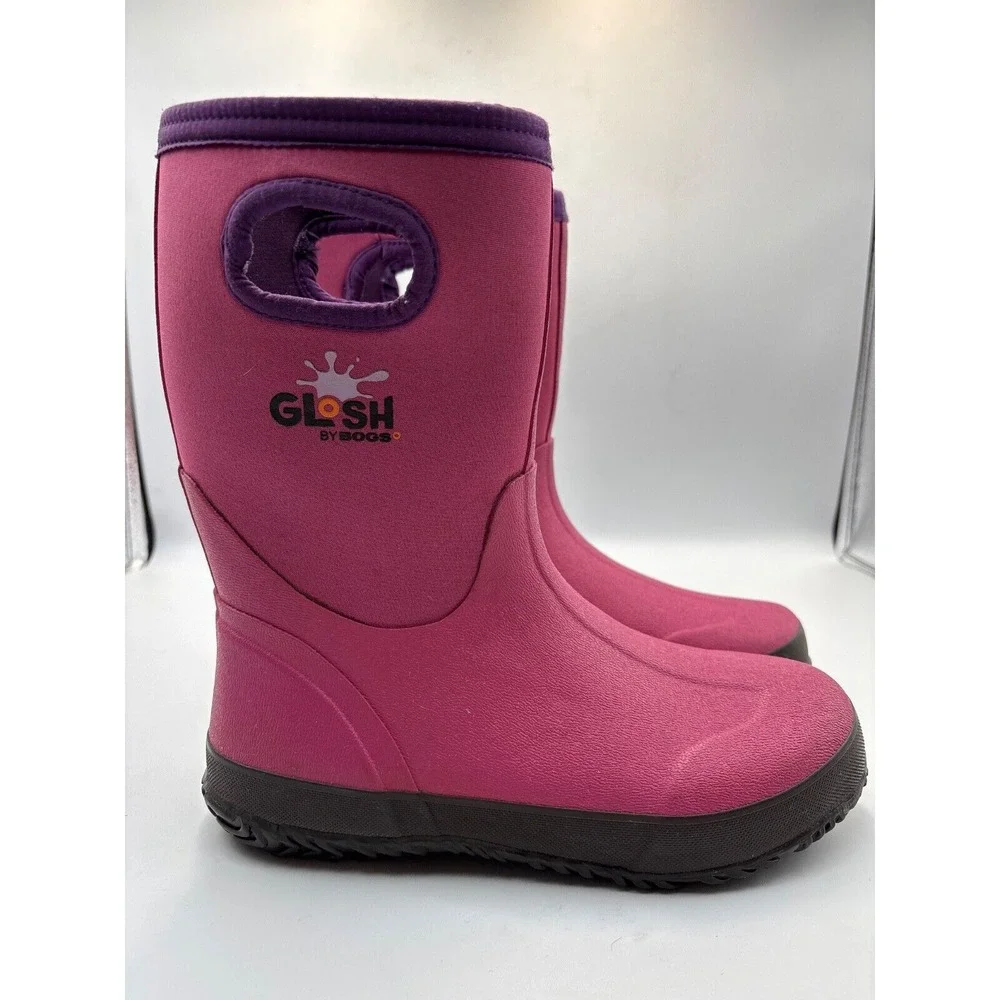 Glosh Bogs Girls 5 Pink Rubber Rain Snow Boots‎ Purple Trim Waterproof Pull-On